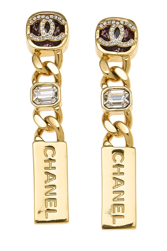 Gold & Crystal 'CC' Dangle Earrings, , large image number 0