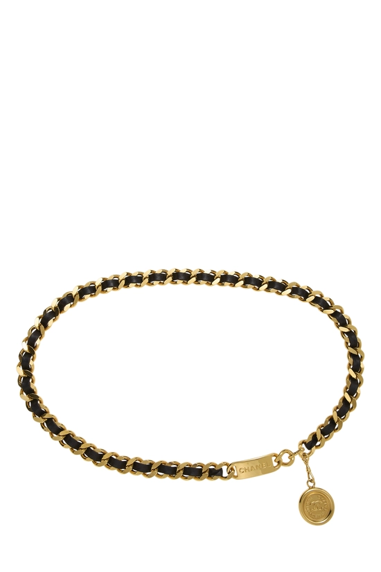 Gold & Black Leather Chain Belt, , large image number 0