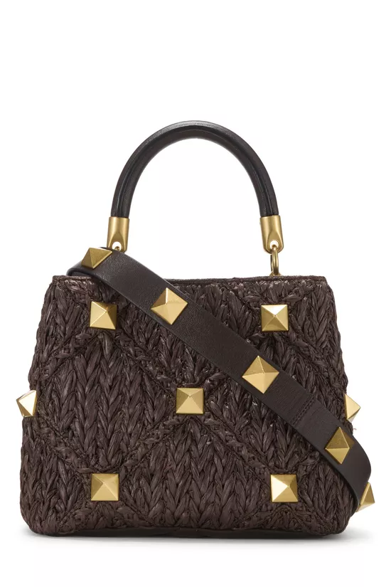 Brown Raffia Roman Stud Top Handle Bag Small, , large image number 4