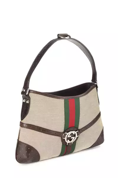 Beige Canvas Web Reins Shoulder Bag, , large