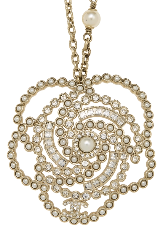 Gold Faux Pearl Crystal Camellia Necklace, , large image number 1