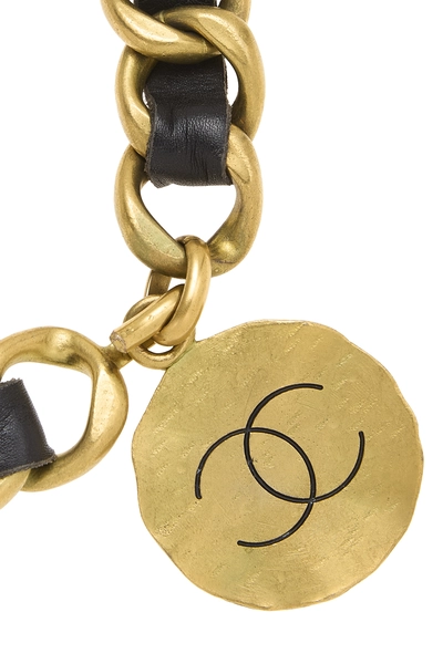 Black Leather Gold 'CC' Chain Belt, , large