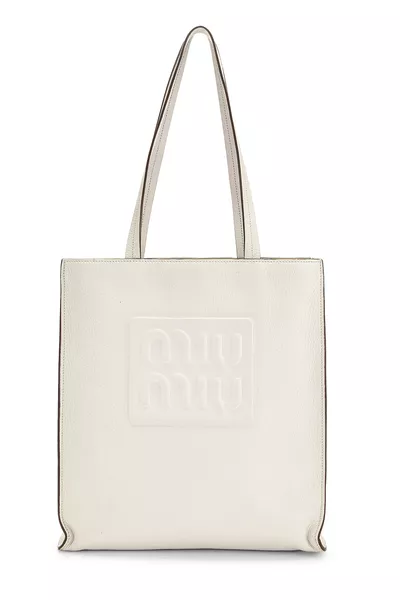 White Calfskin Embossed Logo Tote