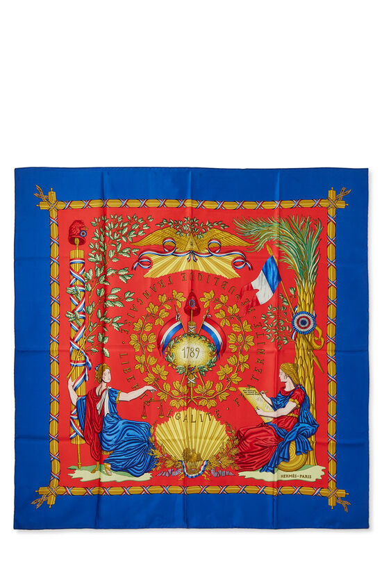 Blue & Multicolor 'Republique Francaise Liberte' Silk Scarf 90, , large image number 1