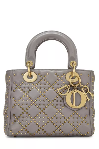 Grey Studded Leather Lady Dior Small