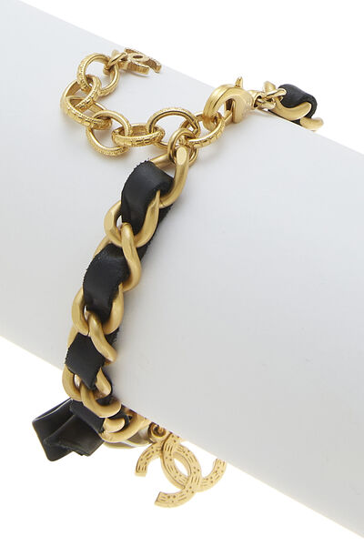 Gold & Black Leather 'CC' Bow Bracelet, , large
