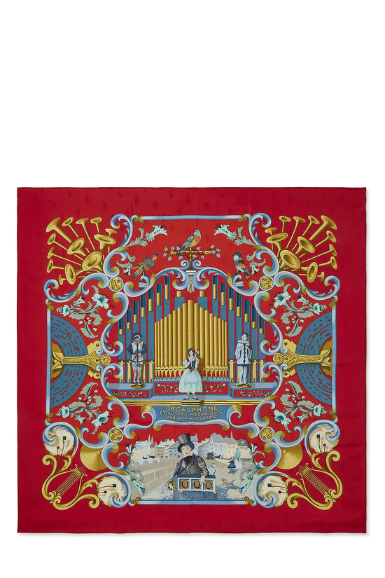 Red & Multicolor 'Orgauphone et Autres Mecaniques' Silk Scarf 90, , large image number 1