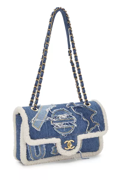 Paris-Egypt Blue Denim & Shearling Hieroglyph Flap Medium, , large