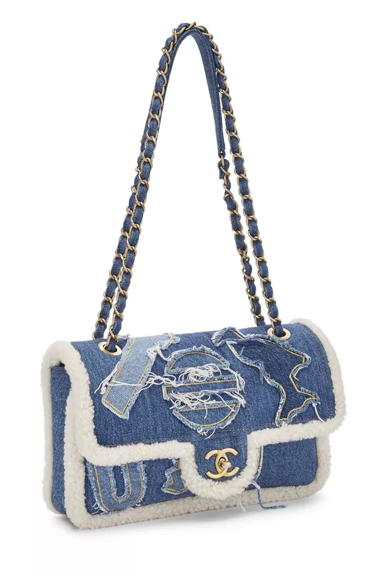 Paris-Egypt Blue Denim & Shearling Hieroglyph Flap Medium, , large image number 1
