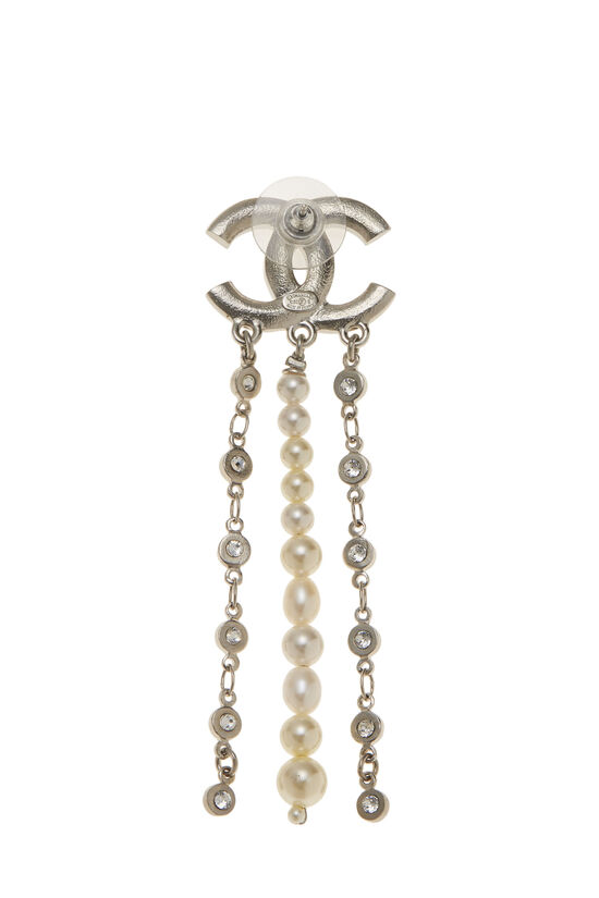 Silver & Faux Pearl Crystal 'CC' Waterfall Dangle Earrings, , large image number 2