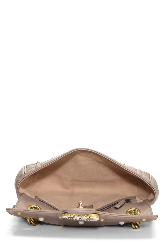 Beige Leather Pearl GG Marmont Shoulder Bag Small, , large image number 5