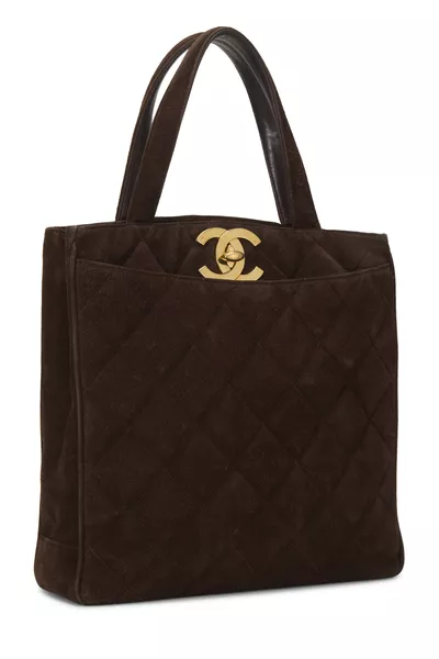 Brown Quilted Suede Turnlock Tote Large, , large