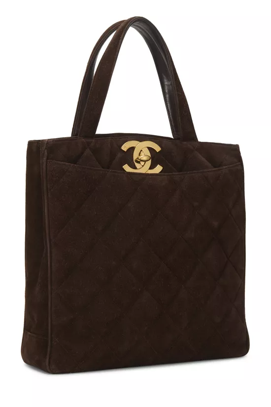 Brown Quilted Suede Turnlock Tote Large, , large image number 1