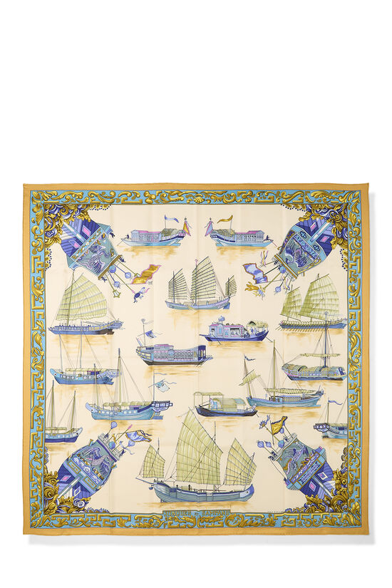 Beige & Multicolor 'Jonques et Sampans' Silk Scarf 90, , large image number 0