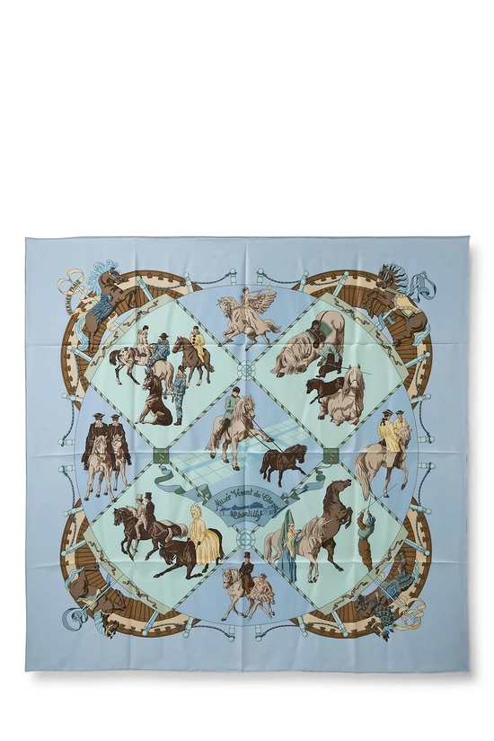 Blue & Multicolor 'Mus&eacute;e Vivant du Cheval Chantilly' Silk Scarf 90, , large image number 0