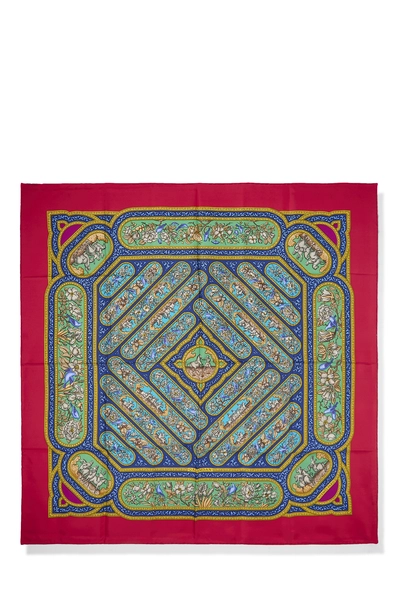 Red & Multicolor 'Qalamdan' Silk Scarf 90