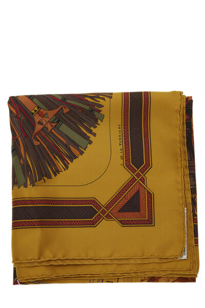 Yellow & Multicolor 'Cuirs Du Desert' Silk Scarf 90, , large