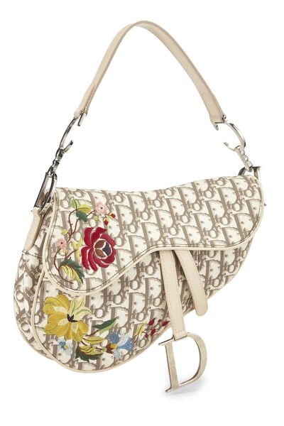 Beige Embroidered Floral Saddle Bag, , large