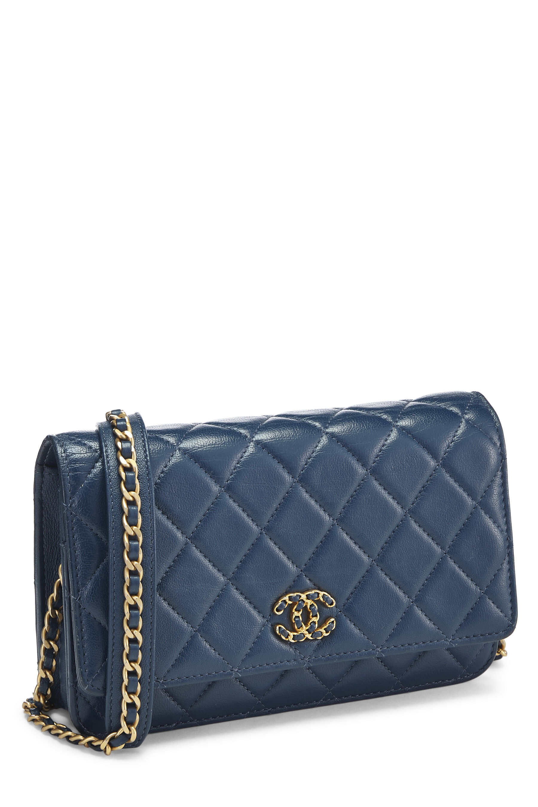 Chanel 19 wallet on chain  Cotton tweed goldtone silvertone   rutheniumfinish metal blue white  navy blue  Fashion  CHANEL