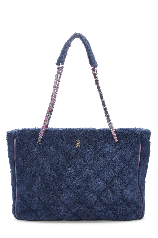 Blue Terry Cloth Ribbon Shopping Tote Bag Large, , large image number 0