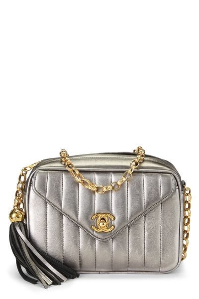 Silver Lambskin Vertical Pocket Camera Bag Small