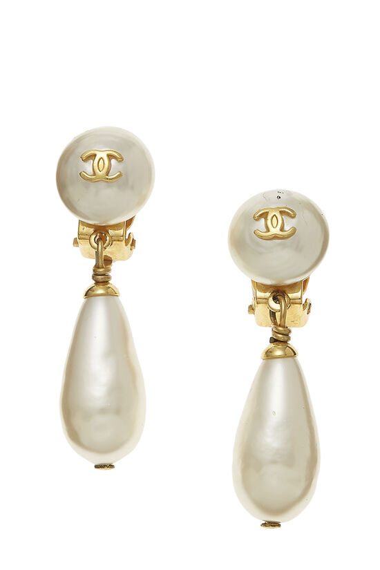 Faux Pearl & Gold 'CC' Dangle Earrings, , large image number 0