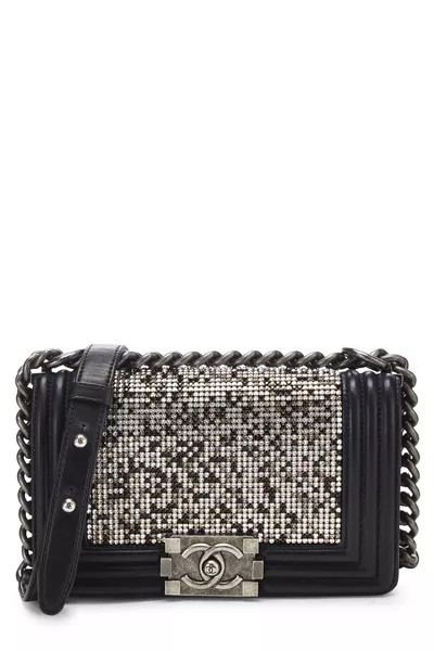 Black Embellished Swarovski Crystal Boy Bag Small