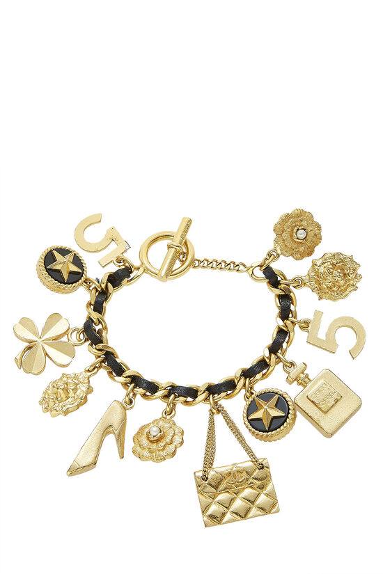 Gold & Black Leather Icons Charm Bracelet, , large image number 1