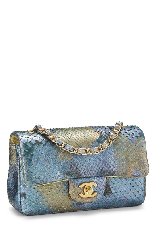 Iridescent Blue Python 'CC' Rectangular Flap Bag Small