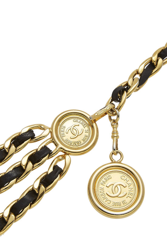 Gold & Black Leather Medallion Chain Belt 3, , large image number 1