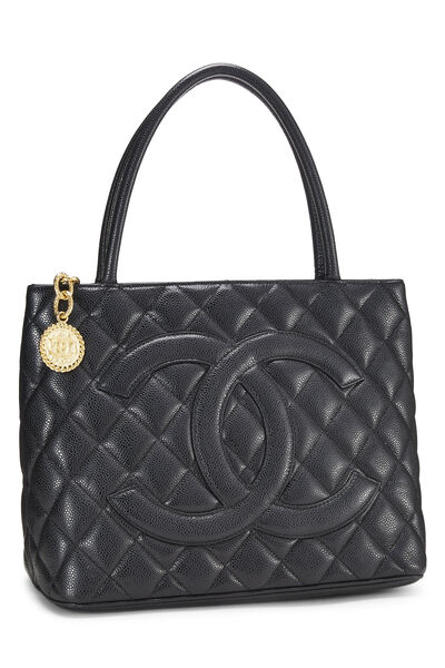 Black Quilted Caviar Medallion Tote, , large