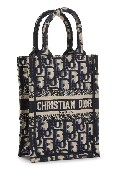 Navy Oblique Canvas Book Tote Phone Bag Mini, , large