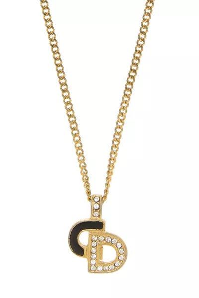 Gold & Black Crystal 'CD' Necklace, , large
