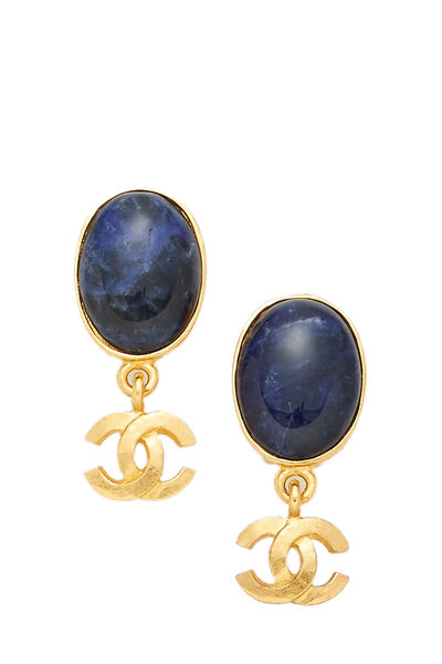 Blue Stone & Gold 'CC' Dangle Earrings