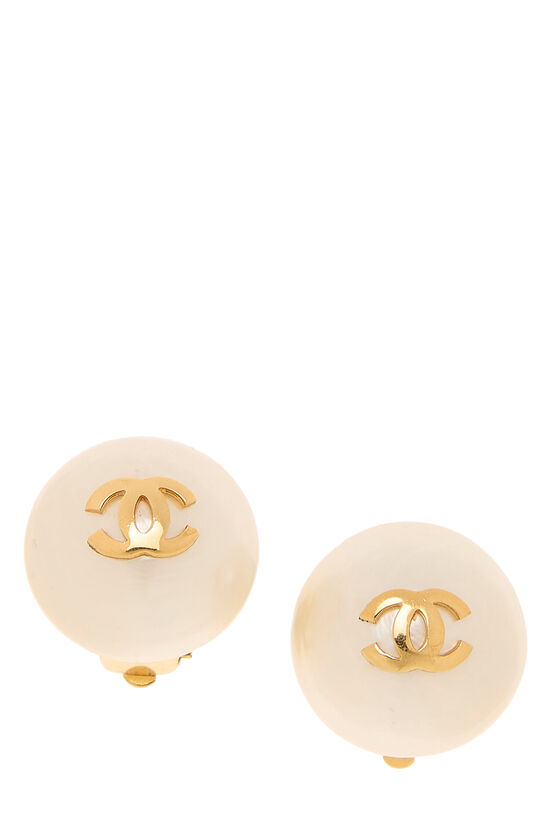 Gold Faux Pearl Button Earrings, , large image number 0