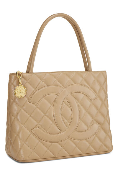 Beige Quilted Caviar Medallion Tote, , large