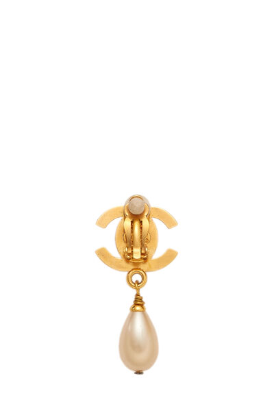 Gold & Faux Pearl 'CC' Turnlock Earrings, , large