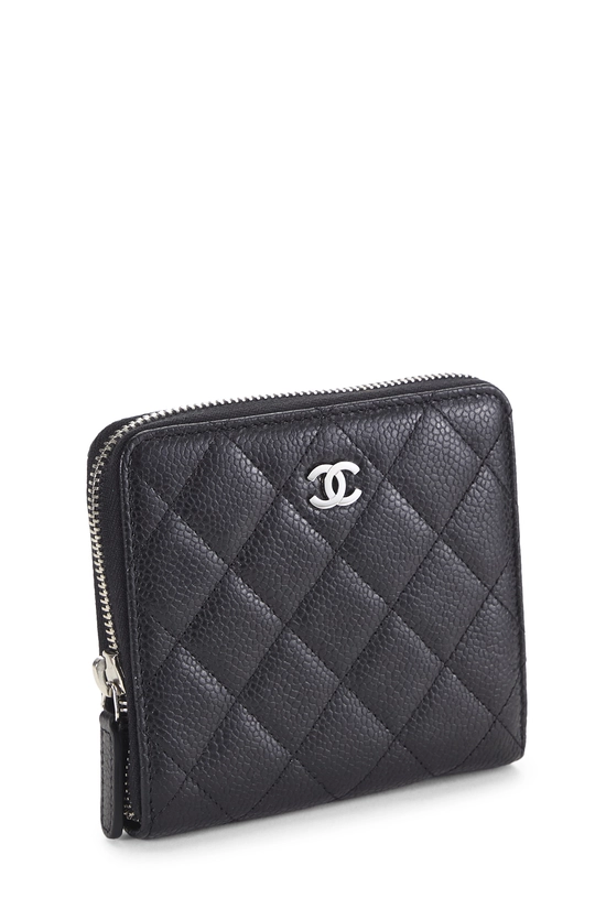 Black Quilted Caviar Compact Zip Around Wallet, , large image number 1