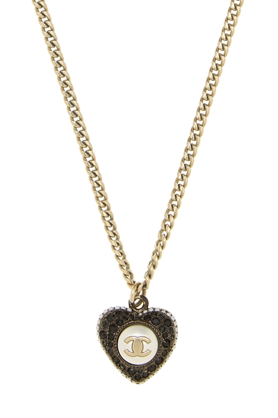 Black & Gold Crystal 'CC' Heart Pendant Necklace, , large
