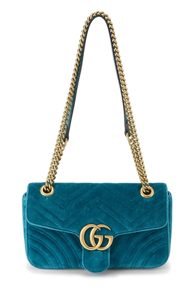 Blue Embroidered Velvet GG Marmont Shoulder Bag Small