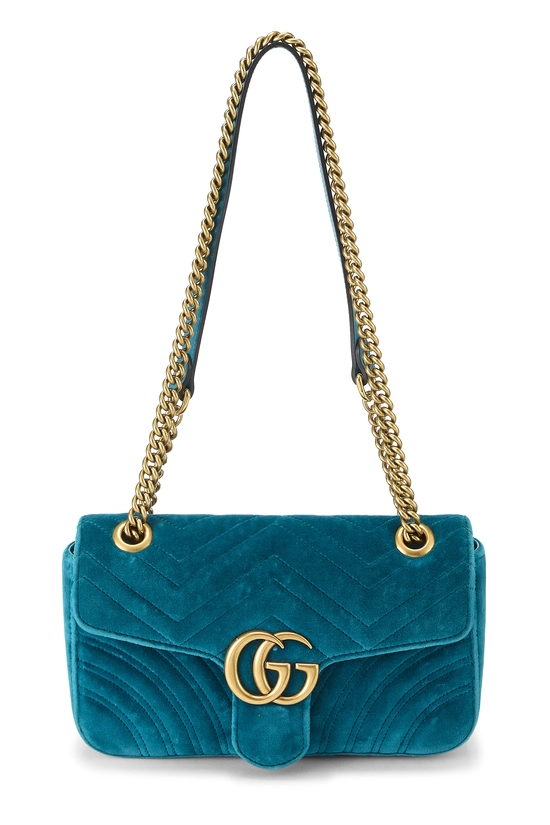 Blue Embroidered Velvet GG Marmont Shoulder Bag Small, , large image number 0