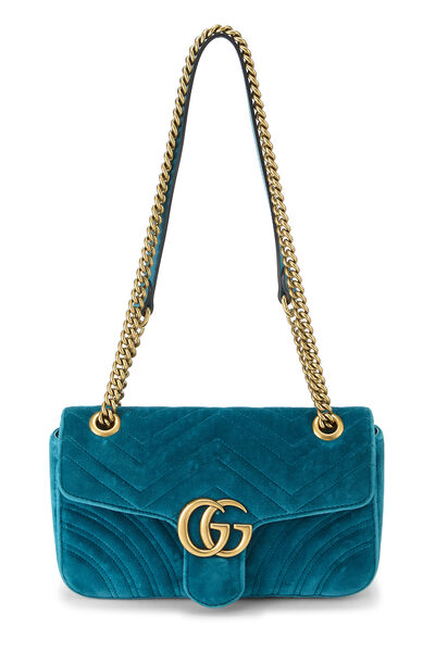 Blue Embroidered Velvet GG Marmont Shoulder Bag Small