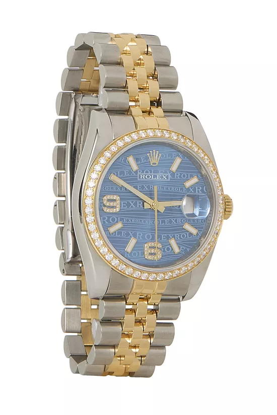 Two-Toned 18K Gold & Steel Blue Wave Pave Diamond Dial Datejust 116243 36mm, , large image number 0