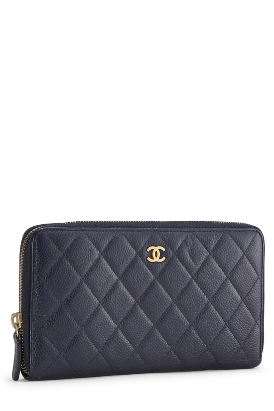 Navy Quilted Caviar Zip Around Wallet, , large image number 1