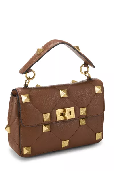 Brown Leather Roman Stud Top Handle Bag Small, , large