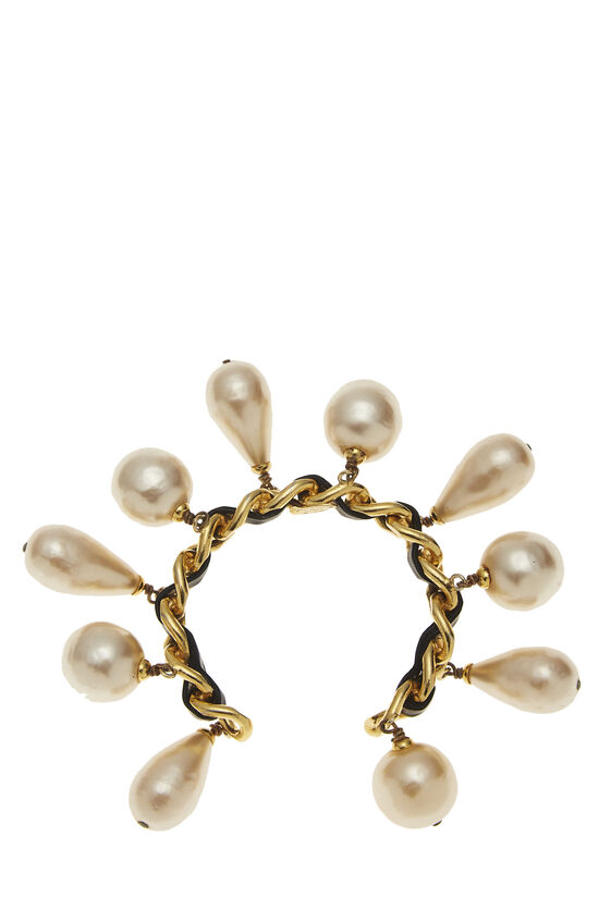 Gold & Black Leather Faux Pearl Dangle Bracelet, , large image number 3