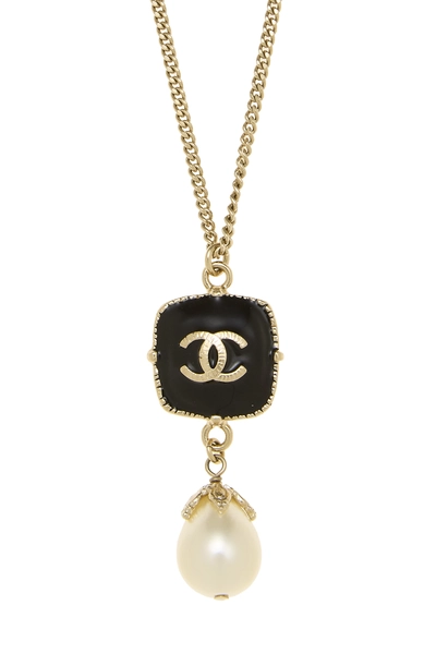 Black & Gold 'CC' Faux Pearl Necklace, , large