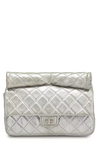 Metallic Silver Quilted Leather Reissue Roll Clutch