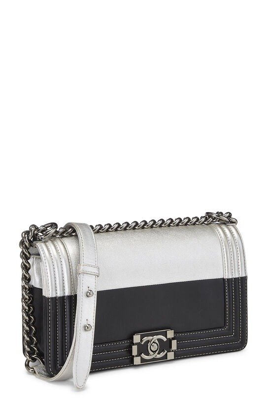 Chanel Black & Metallic Silver Bi-Color Calfskin Boy Bag Medium