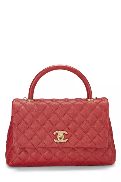 Chanel Red Quilted Caviar Coco Handle Bag Small
